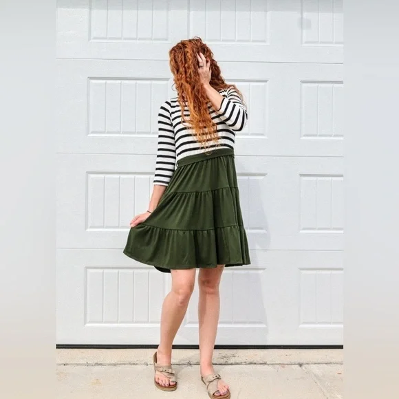 Dresses | Olive Green Tiered Striped Dress | Poshmark Dresses | Olive Green Tiered Striped Dress | Poshmark